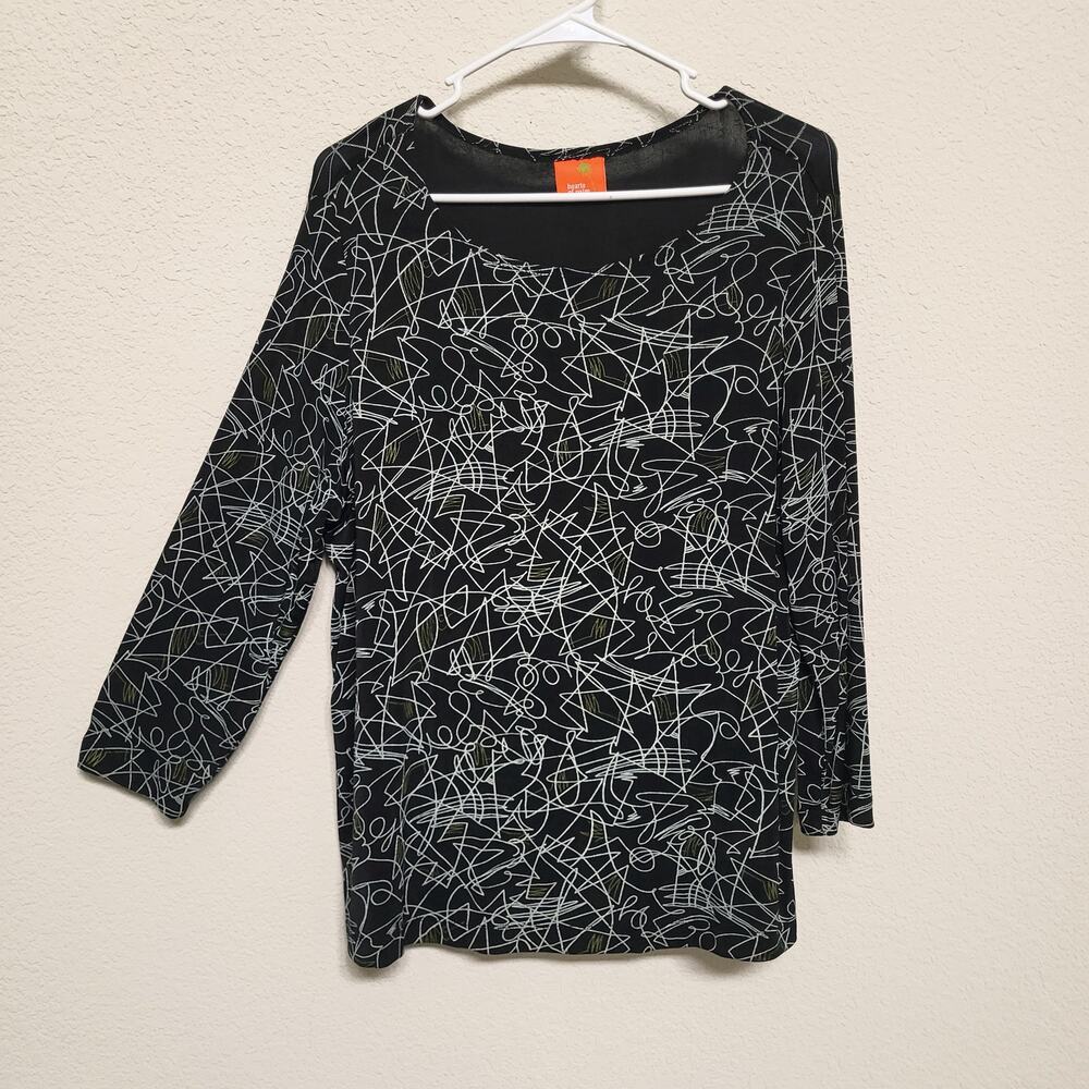 Hearts Of Palm Top Women's Large Black Abstract Print Pullover Stretch Casual